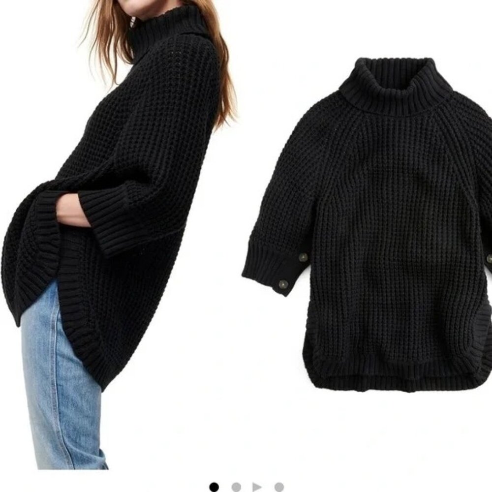 J.Crew Black Knit Turtleneck Poncho Sweater S/M Cotton Blend Button Detail